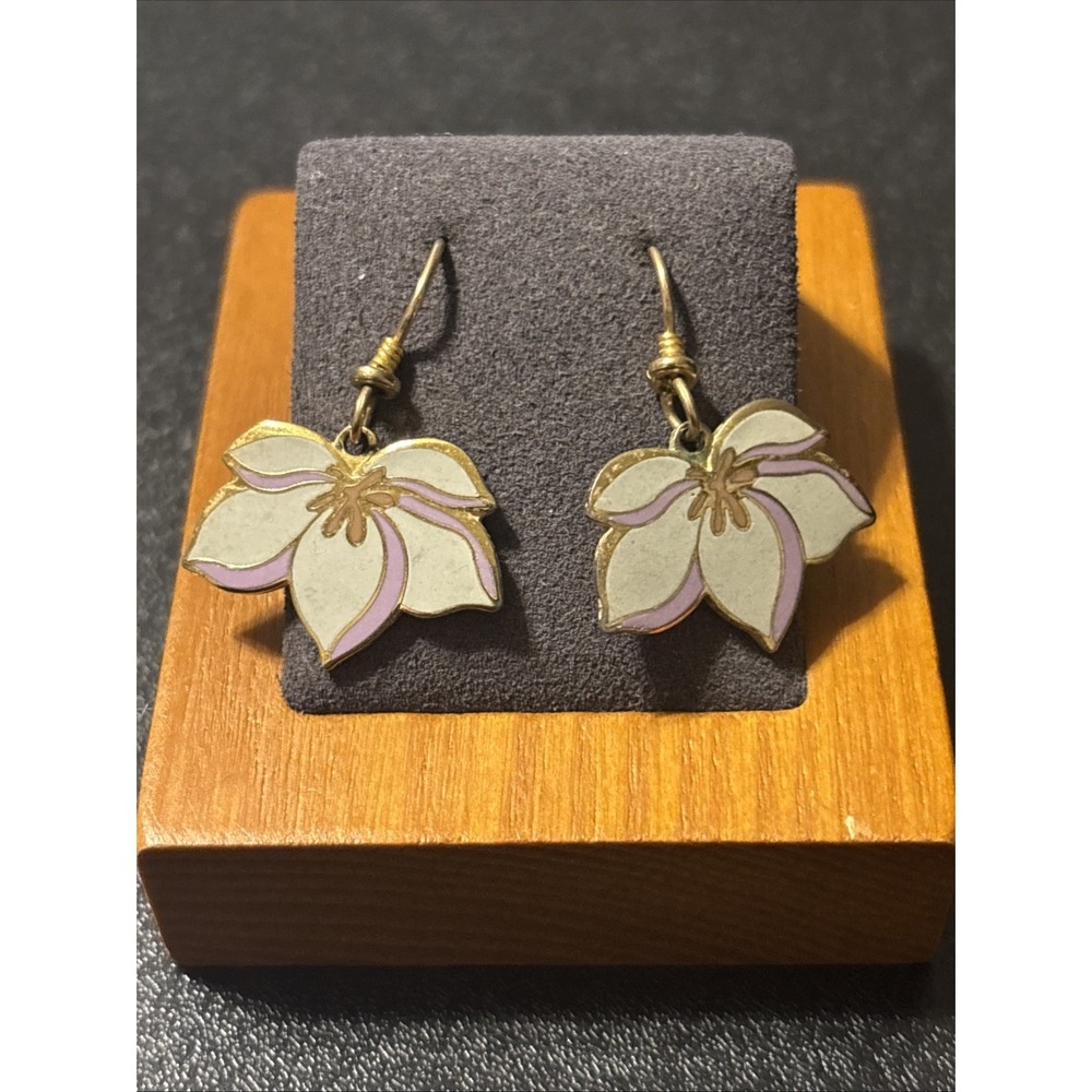 Laurel Burch Pear Blossom Dangle Earrings Cream Purple Enamel